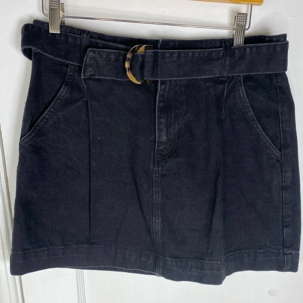 Free People Jade Black Ash Wash Denim Mini Skirt w Tortoise Shell Belting 29